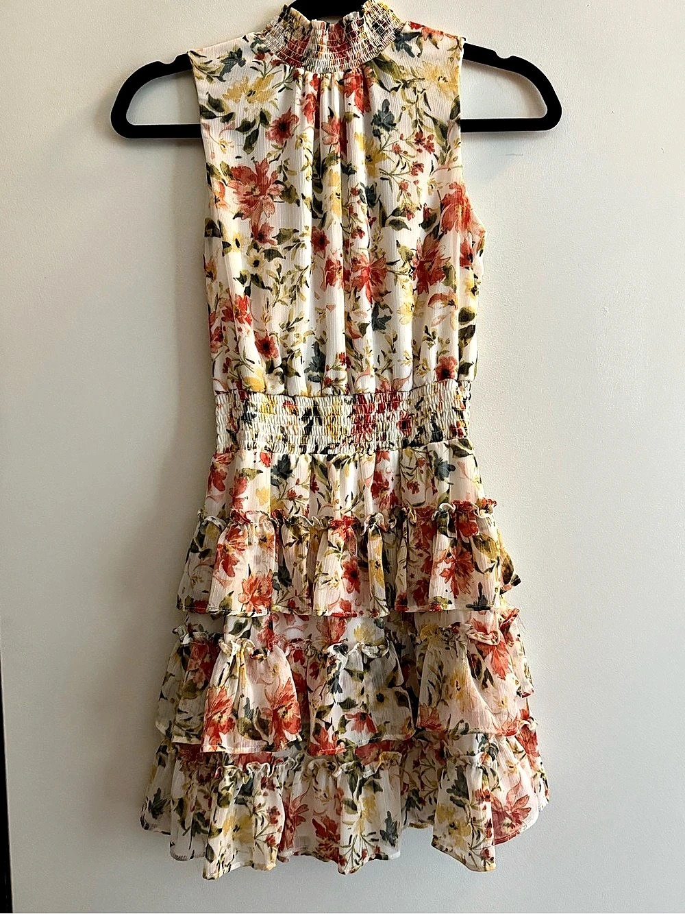 1.STATE Smocked Tiered Floral Ruffle Mini Dress White & Red XS